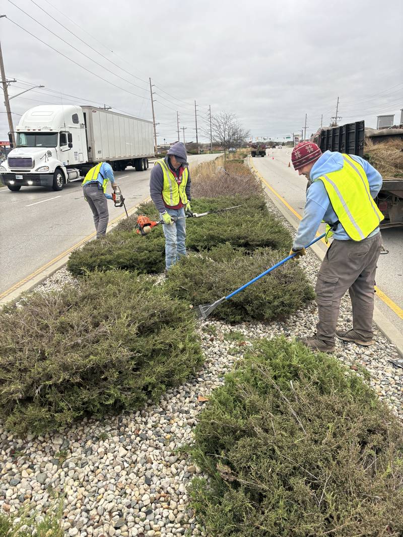 Crew in high-visibility gear maintaining a commercial road median