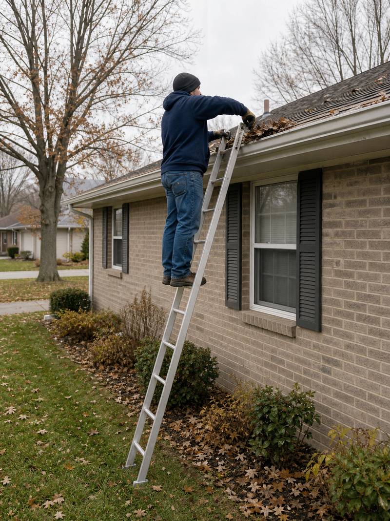 Worker clearing leaves from the gutter of a one-story home