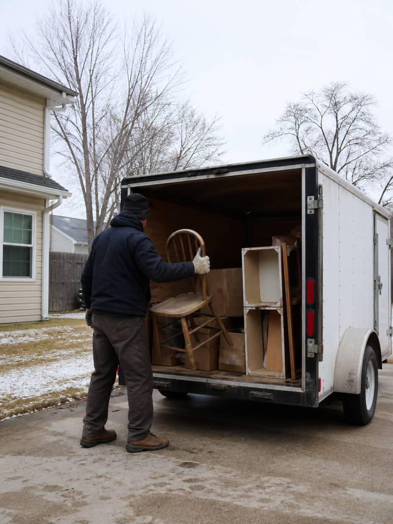Household items being loaded into a utility trailer for junk removal