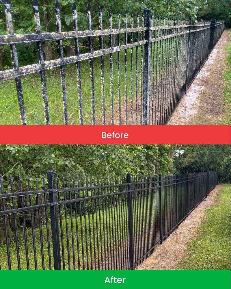 Iron fence before and after a low-pressure wash