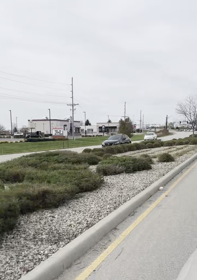 Driving slowly past maintained roadside median planting beds